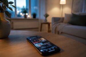 Mobiltelefon på ett träbord med ett suddigt färgglatt flöde från sociala medier i kvällsljus