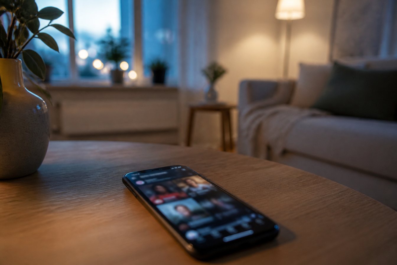 Mobiltelefon på ett träbord med ett suddigt färgglatt flöde från sociala medier i kvällsljus